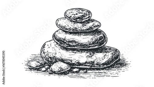 Stack of balanced river stones arranged for meditation and tranquility. Vector hand drawn illustration