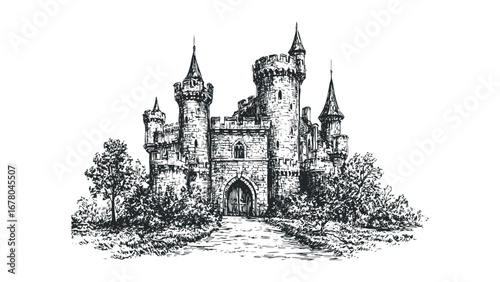 Hand-drawn sketch of a medieval castle with turrets and an arched entrance surrounded by trees. Vector hand drawn illustration