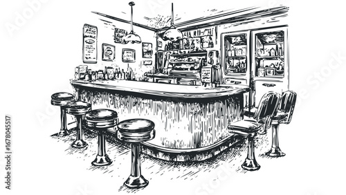 Sketch of an empty diner counter with stools and bottles on shelves. Vector hand drawn illustration