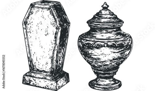 Vintage Coffin and Urn Hand Drawn Sketch on Transparent Background. Vector hand drawn illustration
