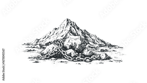 Mountain peak secured with a heavy chain on a white canvas. Vector hand drawn illustration