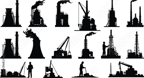 Industrial refinery plant silhouette, oil gas industry, factory chimneys, construction cranes, cooling towers, power plant, workers, energy infrastructure, engineering, manufacturing