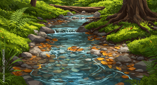 Tranquil forest stream with cascading water, smooth stones, and fallen autumn leaves, creating a peaceful natural landscape scene.