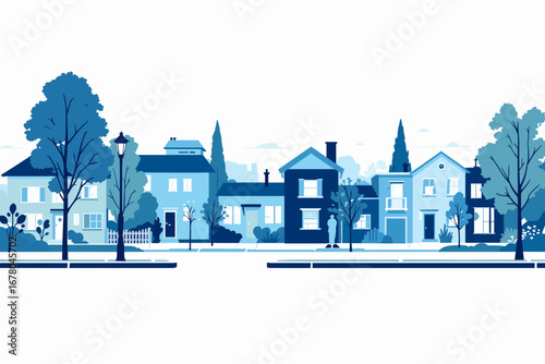 Charming suburban street scene featuring a row of diverse blue houses and lush trees, perfect for neighborhood and real estate themes