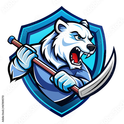 Aggressive Icy Blue Polar Bear Hockey Shield Logo