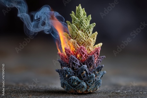 Colorful pinecone in flames, smoke rising