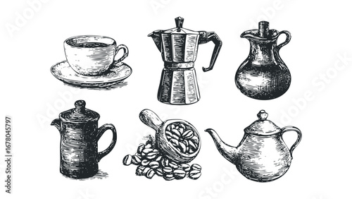 Vintage Coffee Service Set Hand Drawn Line Art on Transparent Background. Vector hand drawn illustration
