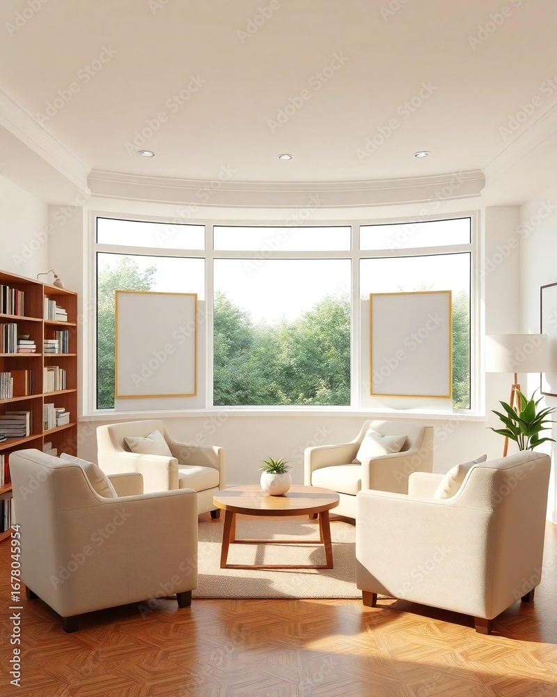 Fototapeta premium Bright and airy living room with large bay window and comfortable seating