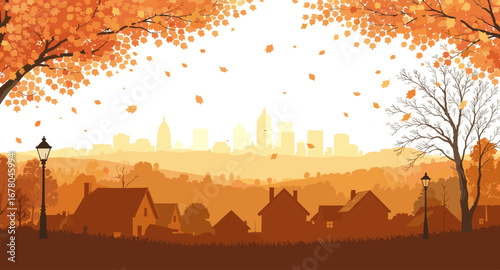 Vibrant autumn cityscape with falling leaves, cozy houses, and elegant streetlights evokes a warm, nostalgic feeling of seasonal change.