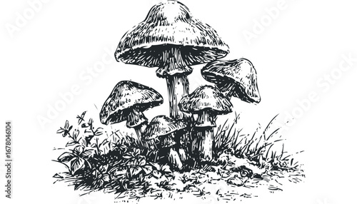Monochromatic Sketch of Forest Mushrooms with Grass and Leaves. Vector hand drawn illustration