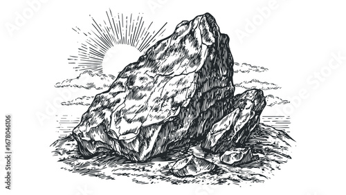 Pen and Ink Drawing of Rocky Terrain with Sun and Clouds. Vector hand drawn illustration