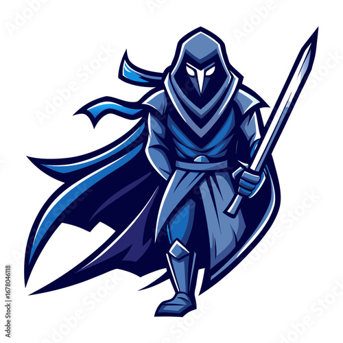 Stealth Cloaked Katana Assassin Mascot in Electric Blue Outline