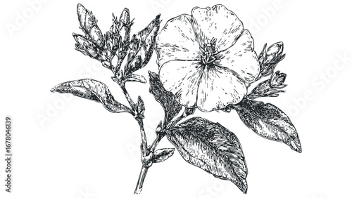 Hand drawn line art floral cluster with bloom and buds. Vector hand drawn illustration