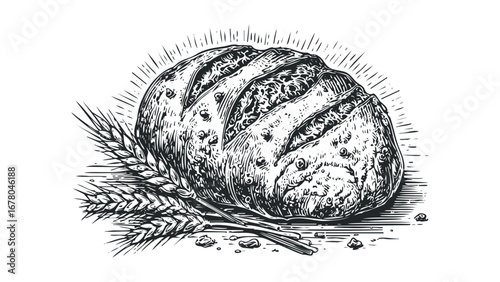 Detailed linocut style drawing of a loaf of bread with wheat stalks. Vector hand drawn illustration