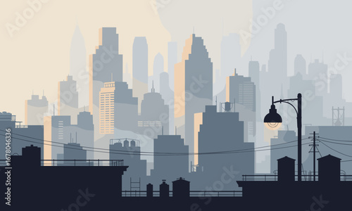 Misty morning cityscape with silhouetted skyscrapers and a glowing streetlamp creating a serene urban atmosphere