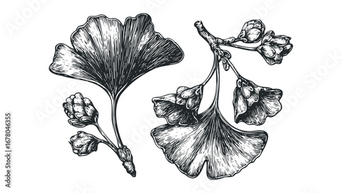 Ginkgo Leaves And Seed Buds Vintage Engraving On Transparent Background. Vector hand drawn illustration