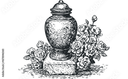 Antique urn with roses engraving on transparent background. Vector hand drawn illustration