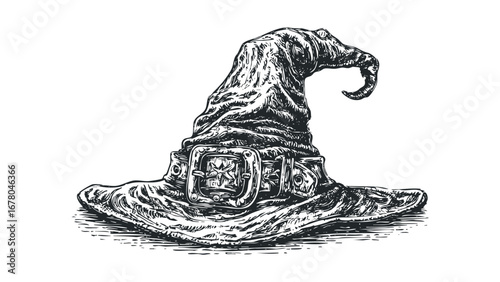 Witch hat with buckle and brim rendered in a woodcut style on a transparent background. Vector hand drawn illustration