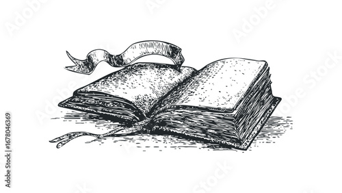 Vintage Sketch of Open Book with Ribbon Detail. Vector hand drawn illustration