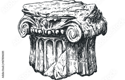 Fragmented Classical Column Capital with Ionic Volutes and Acanthus Leaves Sketch. Vector hand drawn illustration