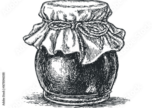 Sketch of a jar filled with preserves tied with a rope. Vector hand drawn illustration