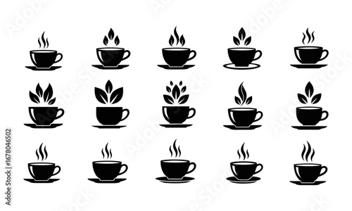 Collection of fifteen black and white tea cup icons with steam and leaves in various arrangements on white background