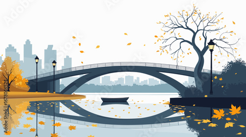 Serene autumn cityscape unfolds with a tranquil river, elegant bridge, falling leaves, and a lone boat reflecting the vibrant fall colors.