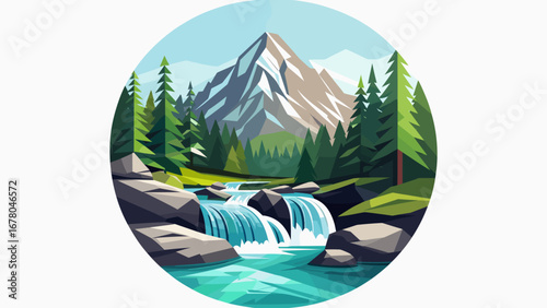 Serene mountain landscape with cascading waterfall and vibrant pine forest, capturing pristine natural beauty and tranquility for your projects.