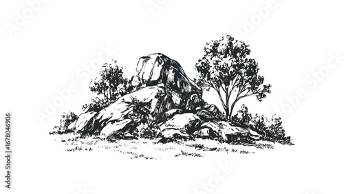 Monolithic Rock Formation with Trees and Grass Sketch. Vector hand drawn illustration