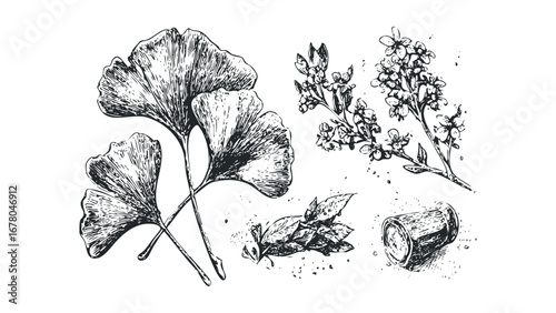 Ginkgo leaves and blooming branches with botanical elements. Vector hand drawn illustration
