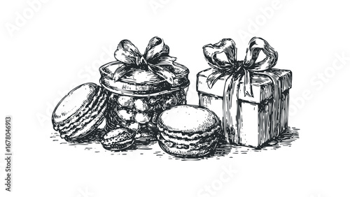 Hand Drawn Sketch of Macarons and Gift Box with Ribbon. Vector hand drawn illustration