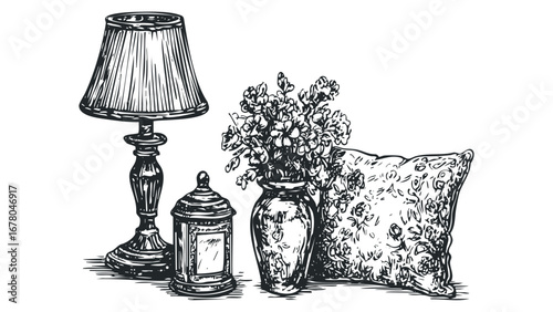 Sketch of table lamp, jar, and floral pillow on transparent background. Vector hand drawn illustration
