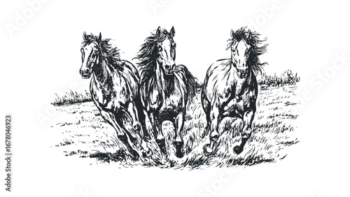 Three powerful horses gallop across a grassy field in a dynamic ink sketch. Vector hand drawn illustration