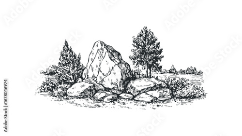 Sketch of large rocks and trees with shoreline in vintage ink style. Vector hand drawn illustration