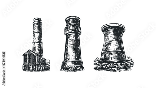 Vintage industrial chimney and tower architecture structures. Vector hand drawn illustration