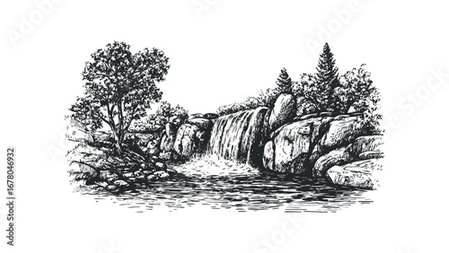 Detailed sketch of a rocky waterfall with trees and flowing water. Vector hand drawn illustration