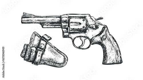 Handgun and leather holster sketch on transparent background. Vector hand drawn illustration