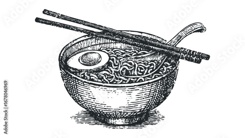 Bowl of noodles with chopsticks and egg. Vector hand drawn illustration