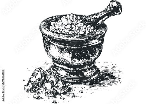 Stone mortar and pestle with crushed ingredients on a white background. Vector hand drawn illustration