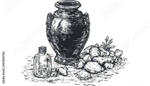 Vintage pottery vessel with small glass vial and natural stones sketch. Vector hand drawn illustration