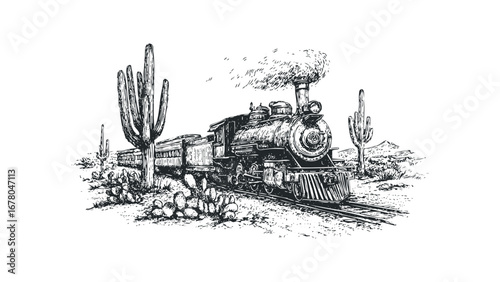 Vintage Steam Train Traveling Through Desert Landscape with Saguaros. Vector hand drawn illustration