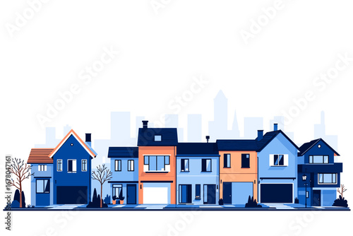Charming row of modern houses with distinct architectural styles and a subtle city skyline silhouette creating a welcoming neighborhood vibe