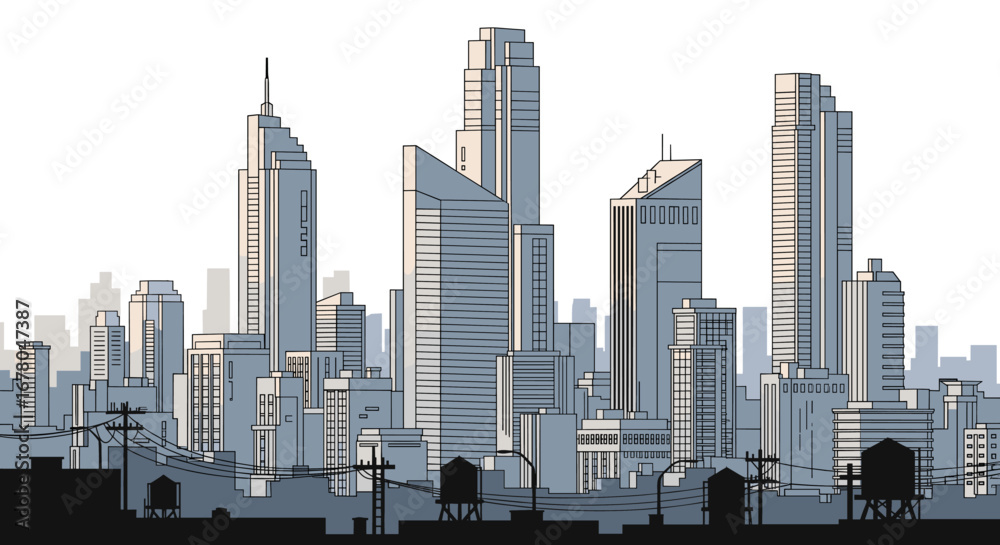 Fototapeta premium Dynamic modern city skyline showcases soaring skyscrapers and urban infrastructure with a stylized graphic aesthetic