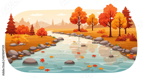 Vibrant autumn landscape unfolds with a serene river reflecting colorful trees and fallen leaves, evoking peaceful nature.
