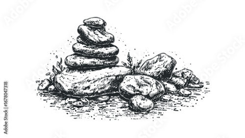 Stacked stones and pebbles with sparse foliage in a rough sketch style. Vector hand drawn illustration