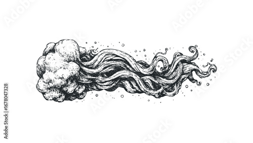 Hand Drawn Sketch of Flowing Tentacles Emerging From a Cloud. Vector hand drawn illustration