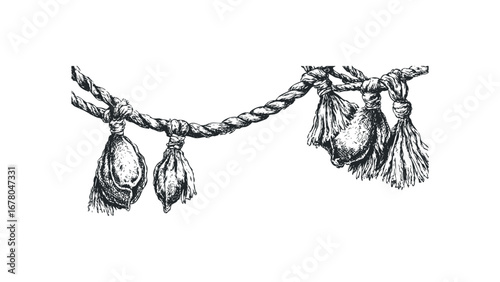 Detailed sketch of woven rope with tassels hanging on transparent background. Vector hand drawn illustration