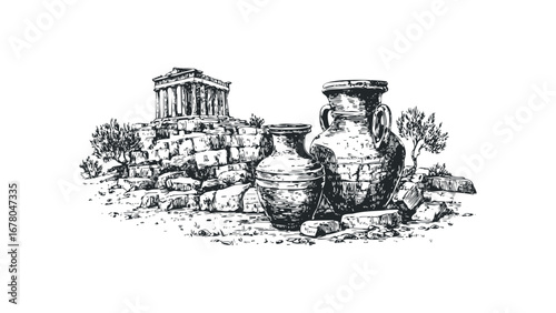 Ancient Greek Temple Ruins with Pottery Amphorae and Olive Tree. Vector hand drawn illustration