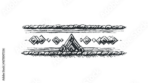 Tribal geometric border with rough texture and diamond shapes. Vector hand drawn illustration