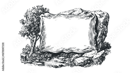 Vintage Engraved Scroll Frame on Natural Landscape with Rocks and Tree. Vector hand drawn illustration